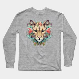 Vintage Mountain Majesty: Floral Crowned Lioness Long Sleeve T-Shirt